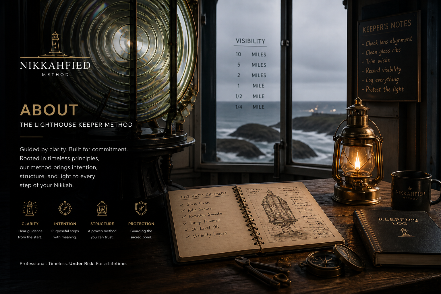 Lighthouse keeper method workspace with lens room glass ribs