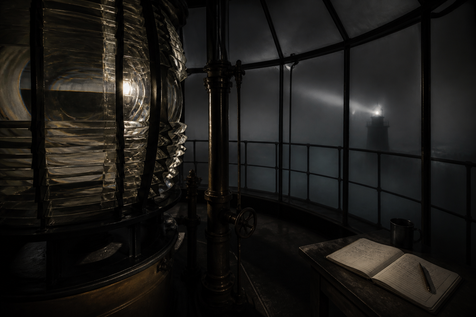 Foggy lantern room with glass lens ribs representing clarity in uncertainty