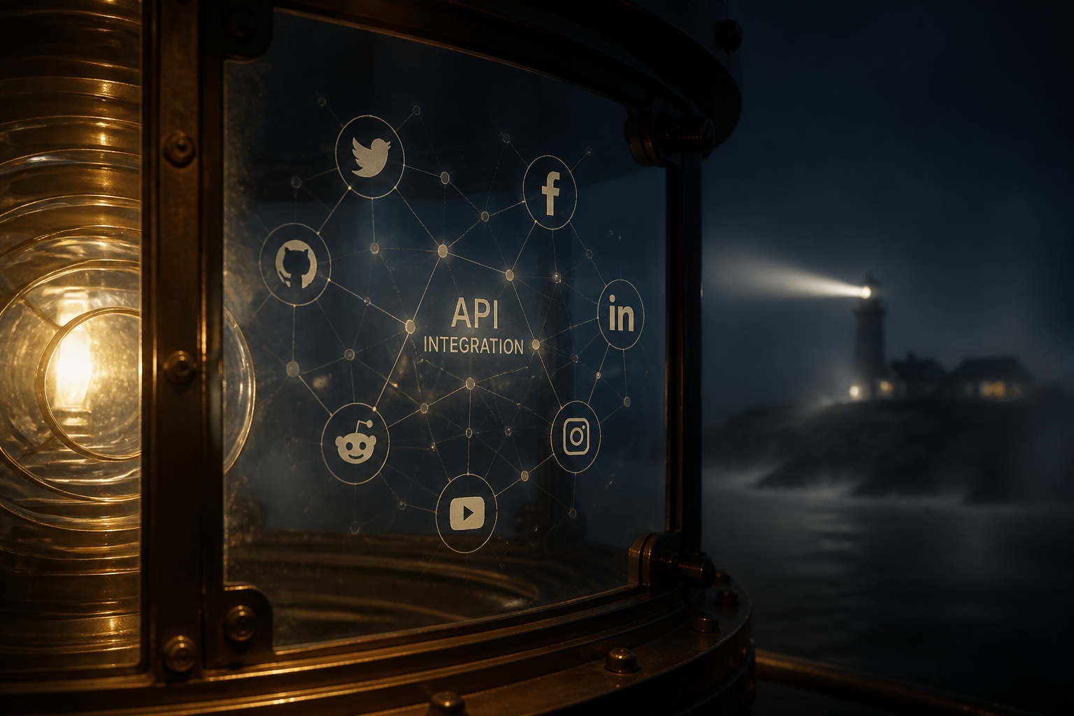 Social network API nodes reflected in lens glass