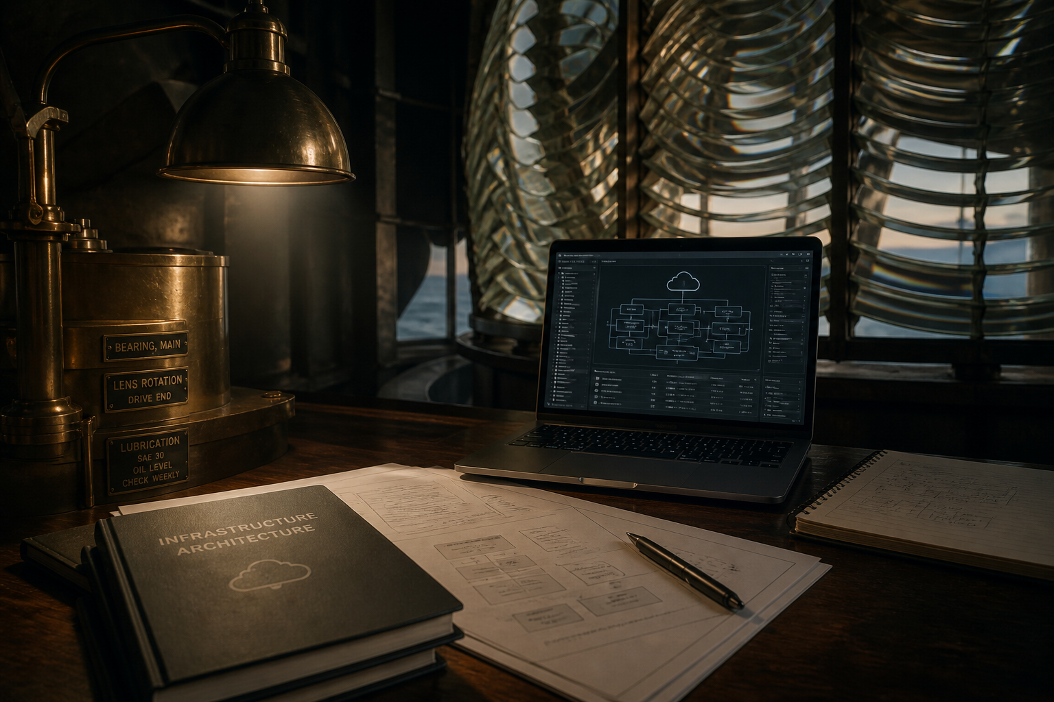 Professional workspace with brass lamp and bearing labels